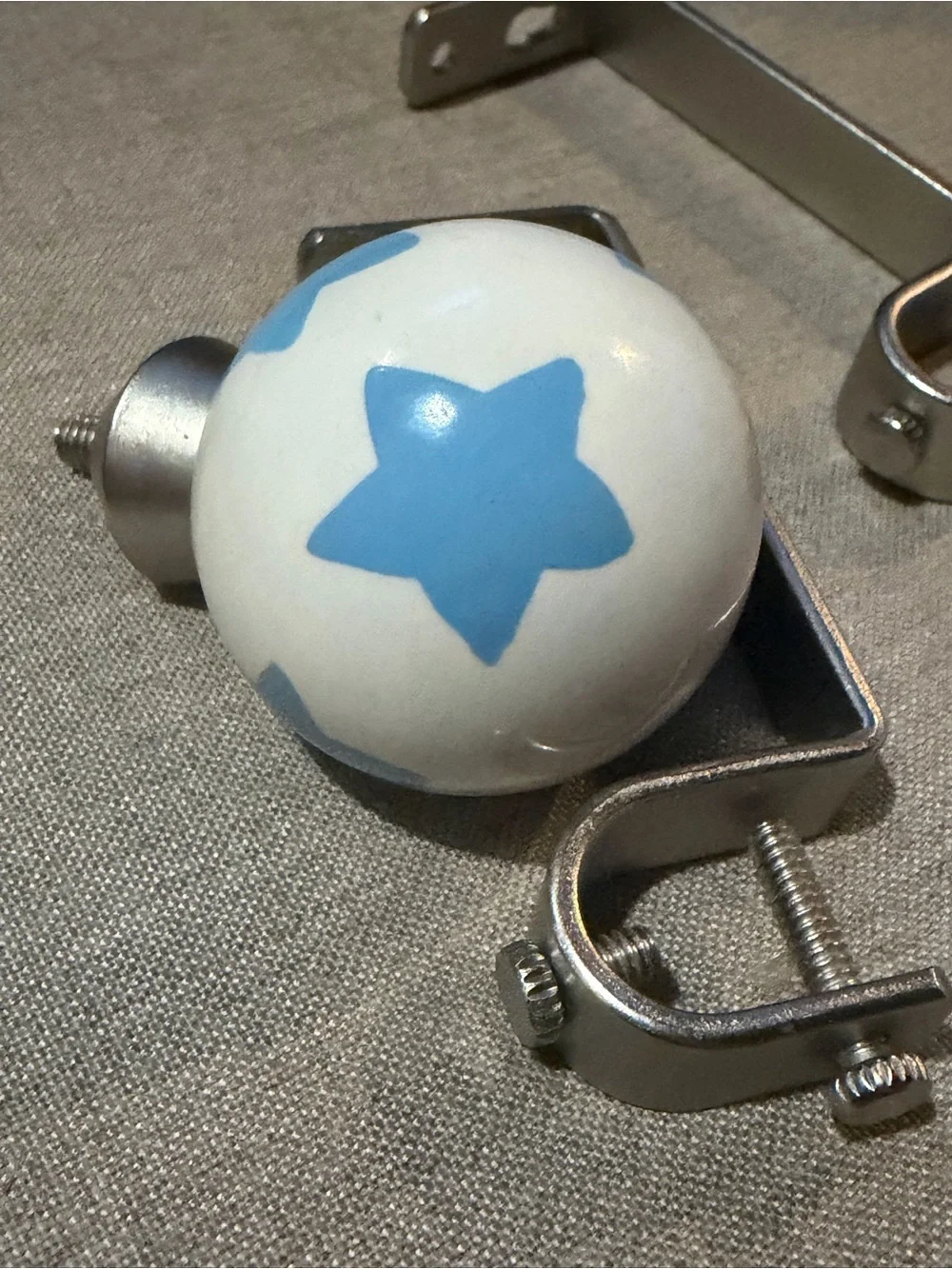 Vintage Pottery Barn Kids Blue Star Ceramic Curtain Finials w/ Brackets Nursery